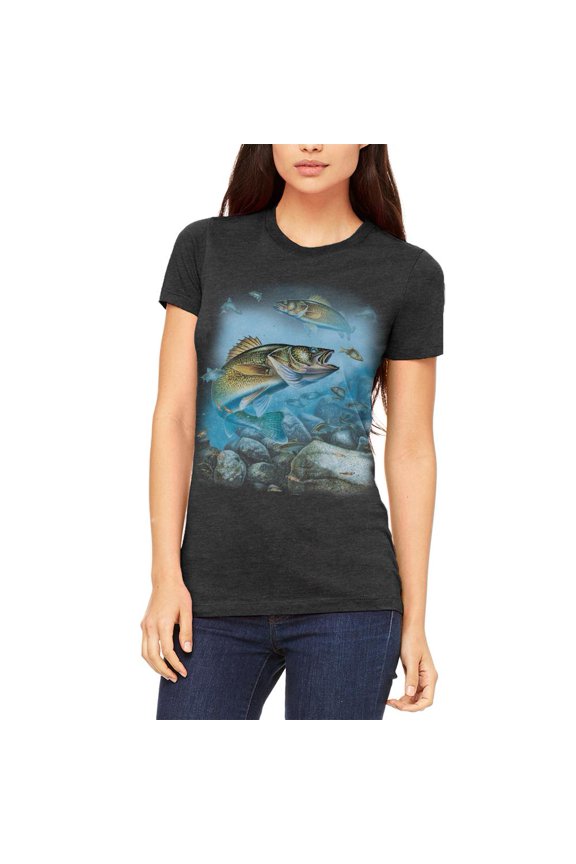 Action Walleye Fishing Juniors Soft T Shirt Heather Black SM