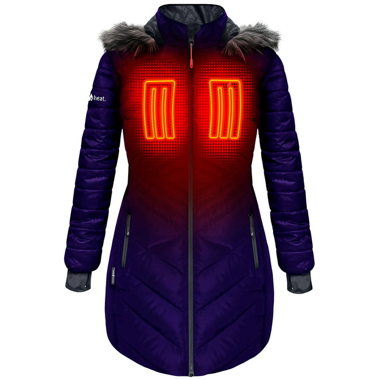 ActionHeat Women's 5V Battery Heated Long Puffer Jacket W/ Fur Hood -  Indigo - XL 