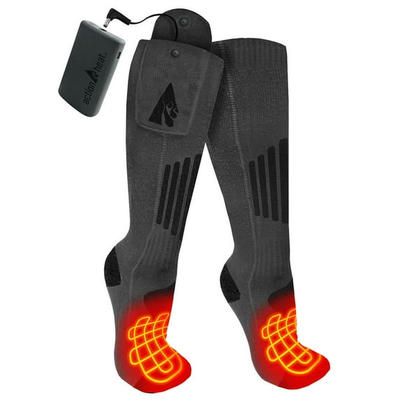 ActionHeat Wool 3.7V Rechargeable Heated Socks - L/XL 2.0 - Grey with Black Accents AND Remote
