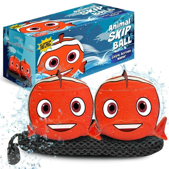 Activ Life The Ultimate Water Skip Ball (2 Pack), Water Bouncing Toys, Fun Games at Beach, Lake, Swimming Pool, Easter Basket Stuffer Gifts for All Ages Kids & Family, Clown Fish
