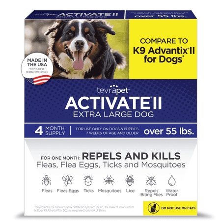 TevraPet Activate II Waterproof, Alcohol-Free Flea & Tick Prevention for Extra Large Dogs, 55-140 lbs, 4 Doses
