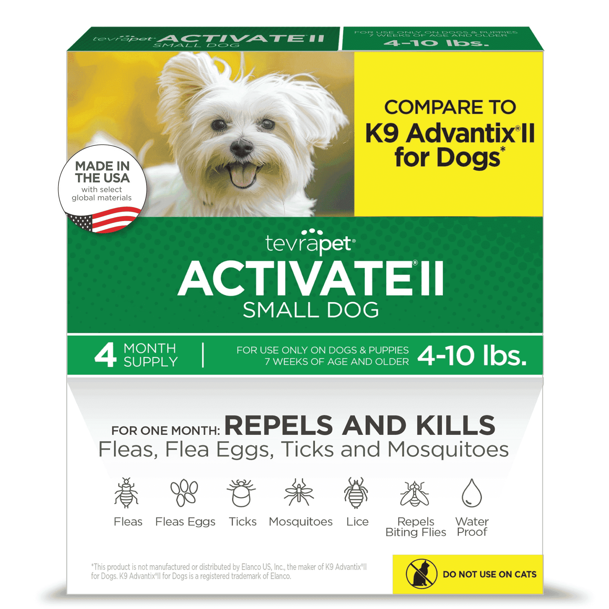 TevraPet Activate II Fast Acting Alcohol-Free Flea & Tick Prevention Topical for Small Dogs, 4-10 lbs, 4 Doses