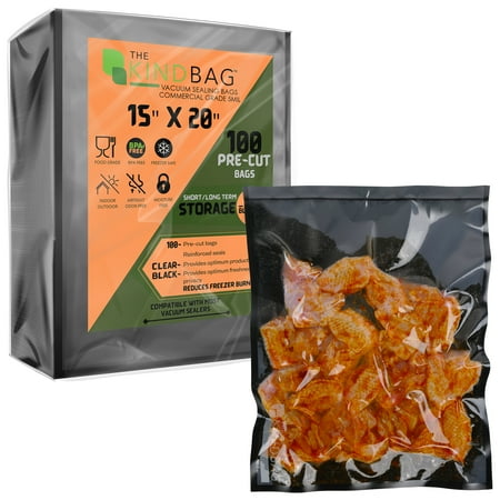 The Kind Bag Vacuum Seal Bags for Food; Food Grade, BPA Free & Freezer Safe; Airtight, Odor Free and Moisture Free; Commercial Grade 5mil Clear & Black; 15x20 inch Pre Cut Bags (100ct)