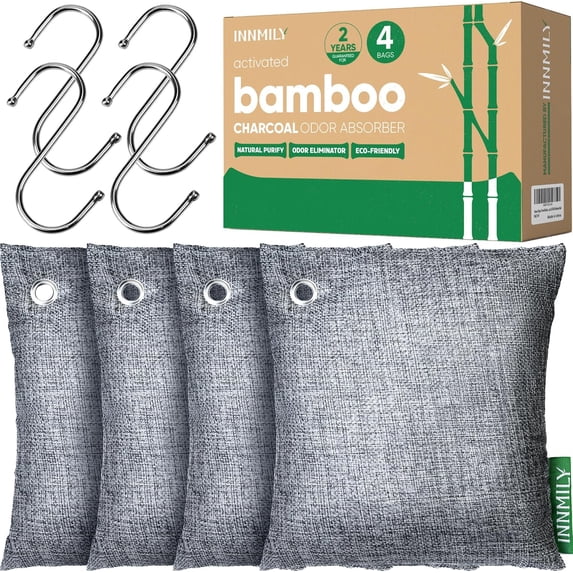 Activated Charcoal Odor Absorber,Large 4x500g w Hooks Nature Odor Eliminator for Strong Odor,Bamboo ,Moisture Absorbers for Fresh Home Car Closet Pet,Smoke Room Deodorizer