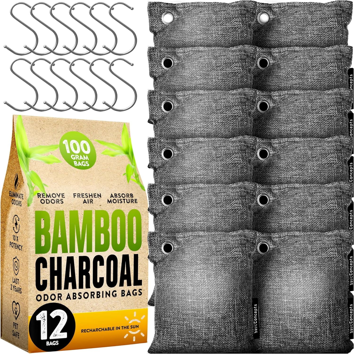 Activated Charcoal Odor Absorber for Strong Odor (Large, 12 Pack, 100g