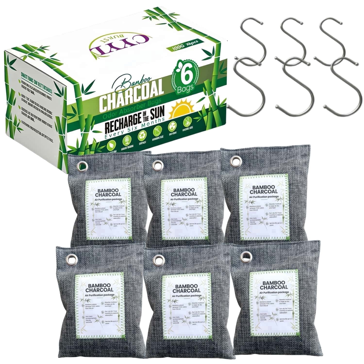 Bamboo Charcoal Air Purifying Bags (6 Pack), 100g Natural Odor Absorber & Moisture Remover with S-Hooks, Activated Charcoal Odor Eliminator for Closet, Car, Shoes, Basement, Pet Areas