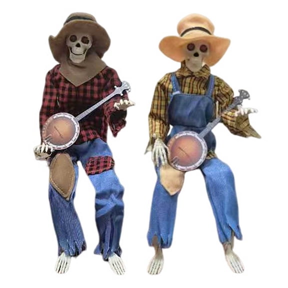 Activated Music Skeleton Halloween Decoration Set 2 Pieces Animated Skeleton Prop for Autumn Interior Photo Props and Party Display Orange