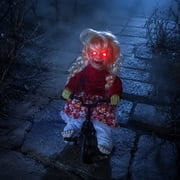 Activated Scary Tricycle Creepy Doll Prop with Glowing Red Eyes Animatronic Halloween Decor for Haunted House Party
