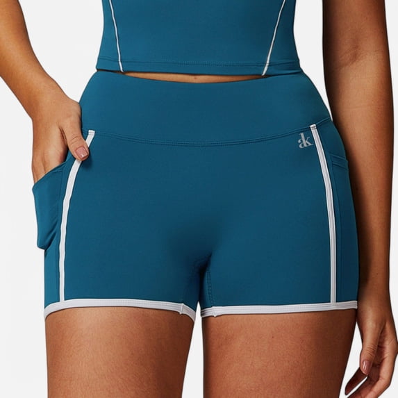 Active Active Women's High Waist Biker Shorts with Contrast Piping and Seamless Stretch Fabric - Large, Teal