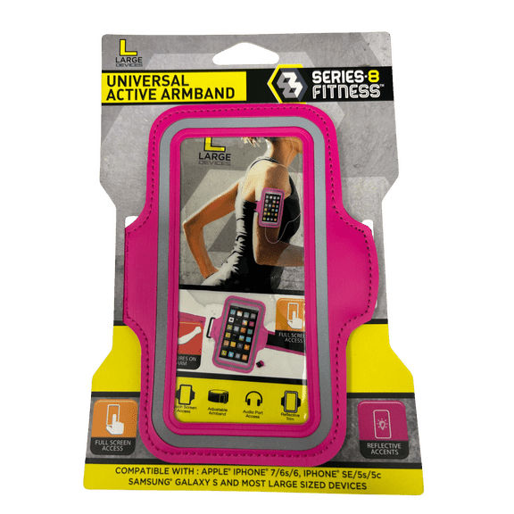 Active Armband L, Adjustable Sport Phone Holder with Touchscreen Cover, Reflective, Compatible with iPhone 7, 6s, 6, SE, 5s, 5c, Samsung Galaxy S, Audio Port Access, Running, Workout Use, Pink