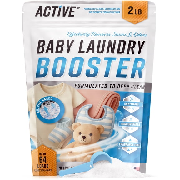 Active Baby Laundry Detergent Enzyme Booster, Unscented Powder Laundry Additive for Baby Clothes, Stain & Odor Remover for Food, Spit Up, Formula & Everyday Baby Messes, 2LB, 64 Loads