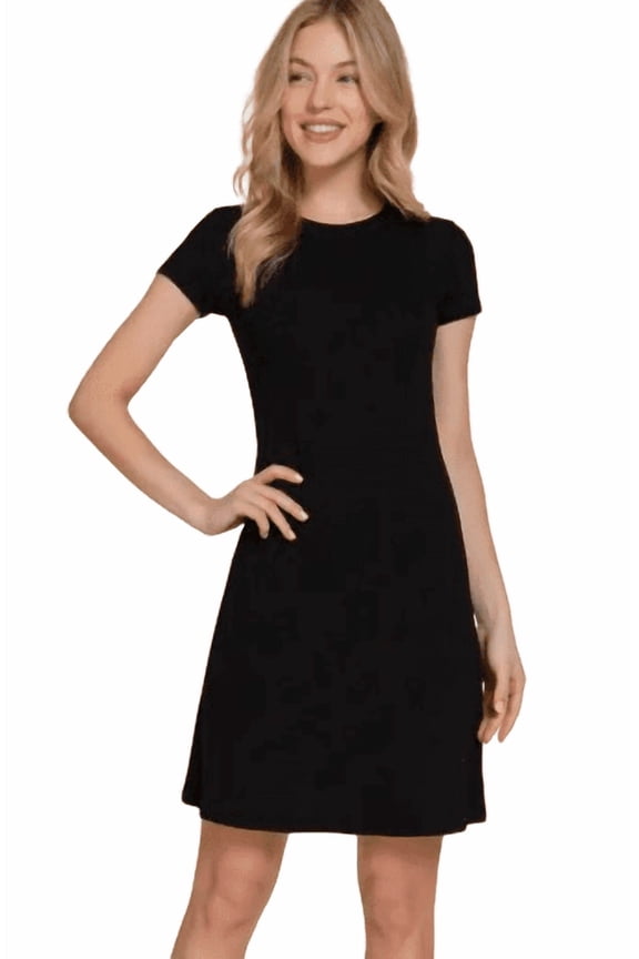 Active Basic USA Short Sleeve Crew Neck A-Line Mini Dress, Black, Large