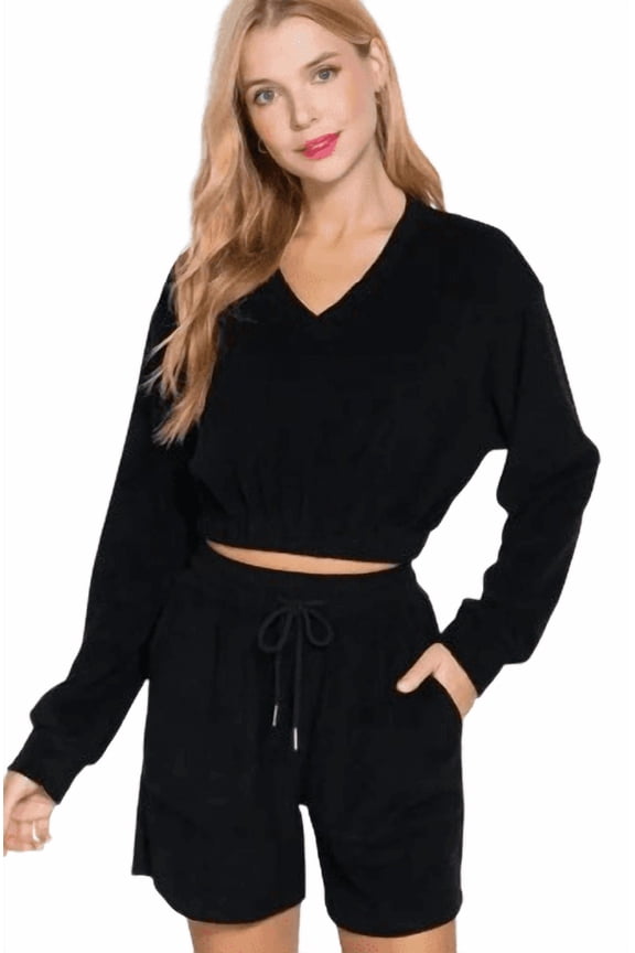 Active Basic USA V-Neck Long Sleeve Terry Top, Women's, Black, Small