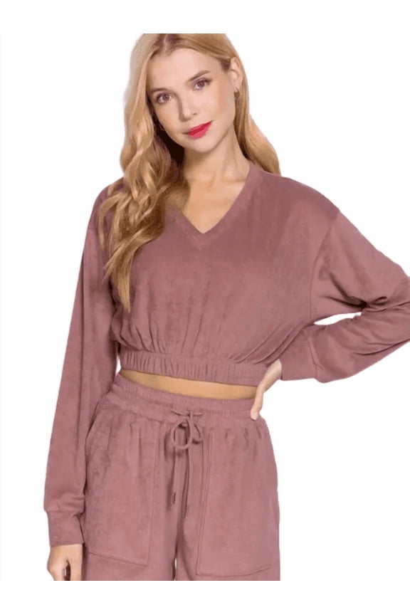 Active Basic USA V-Neck Long Sleeve Terry Top, Women's, Rose, Medium