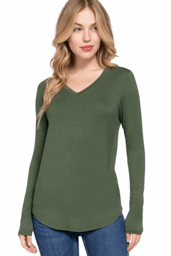 Active Basic USA Women’s Long Sleeve V-Neck Rayon Spandex Jersey Top, Green, Large