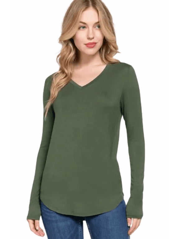 Active Basic USA Women’s Long Sleeve V-Neck Rayon Spandex Jersey Top, Green, Medium