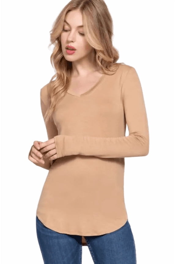 Active Basic USA Women’s Long Sleeve V-Neck Rayon Spandex Jersey Top, Khaki, Medium