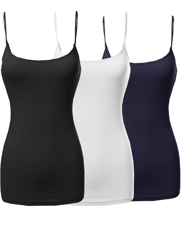 Women & Plus Basic Solid Long Length Adjustable Spaghetti Strap Camisoles (3PK - Black/Navy/White, L)