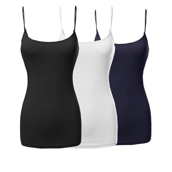 Active Basic Women & Plus Basic Solid Long Length Adjustable Spaghetti Strap Camisoles (3PK - Black/Navy/White, S)