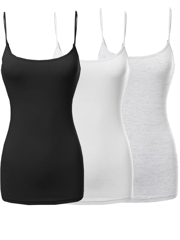 Women & Plus Basic Solid Long Length Adjustable Spaghetti Strap Camisoles (3PK - Black/Oatmeal/White, L)