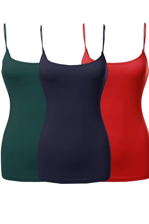 Women & Plus Basic Solid Long Length Adjustable Spaghetti Strap Camisoles (3PK - Deep Jungle/Navy/Red, L)