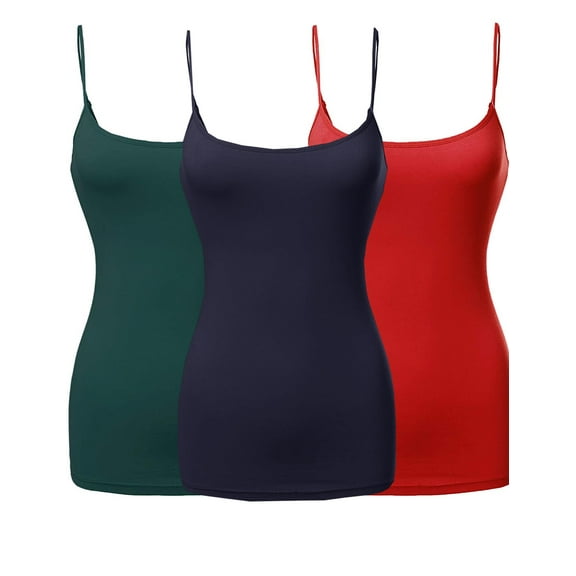 Active Basic Women & Plus Basic Solid Long Length Adjustable Spaghetti Strap Camisoles (3PK - Deep Jungle/Navy/Red, M)