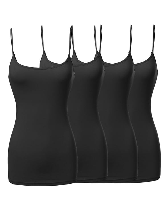 Women & Plus Basic Solid Long Length Adjustable Spaghetti Strap Camisoles (4PK - Black/Black/Black/Black, 1XL)