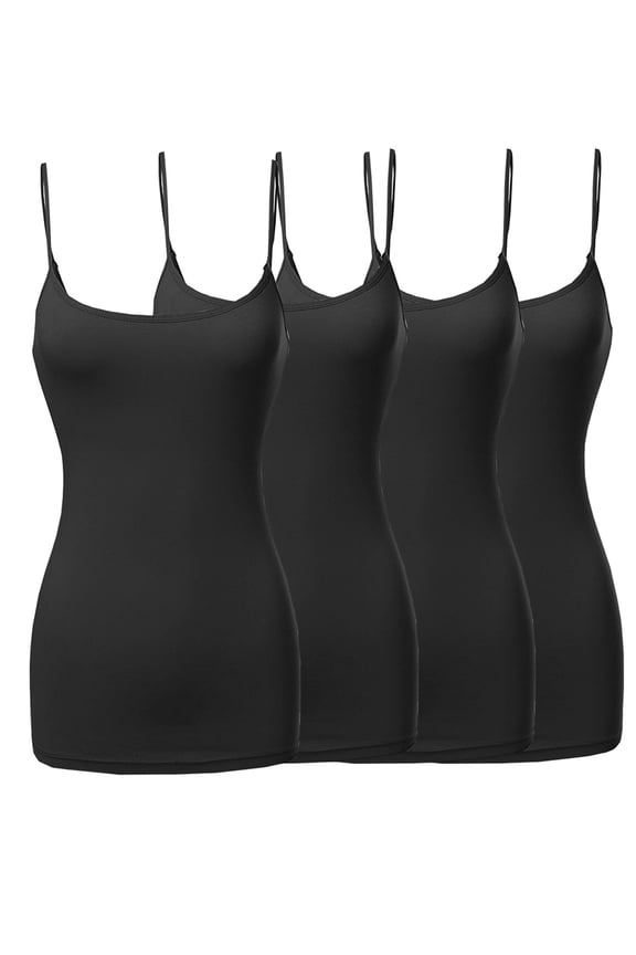Women & Plus Basic Solid Long Length Adjustable Spaghetti Strap Camisoles (4PK - Black/Black/Black/Black, 3XL)