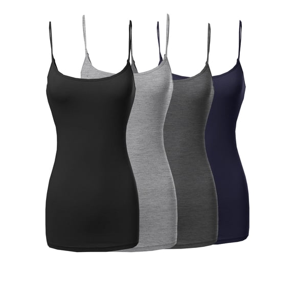 Active Basic Women & Plus Basic Solid Long Length Adjustable Spaghetti Strap Camisoles (4PK - Black/H. Grey/Charcoal/Navy, 1XL)