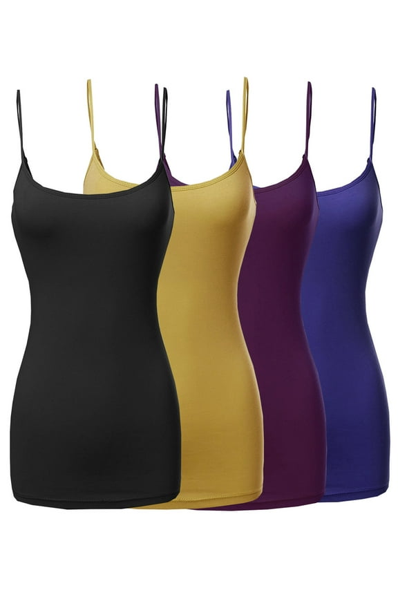 Women & Plus Basic Solid Long Length Adjustable Spaghetti Strap Camisoles (4PK - Black/Mustard/Purple/Royal, 3XL)