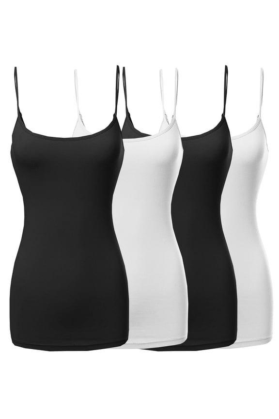 Women & Plus Basic Solid Long Length Adjustable Spaghetti Strap Camisoles (4PK - Black/White/Black/White, M)