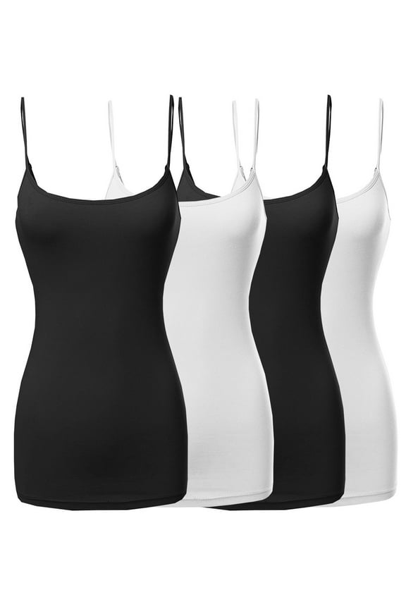 Women & Plus Basic Solid Long Length Adjustable Spaghetti Strap Camisoles (4PK - Black/White/Black/White, S)