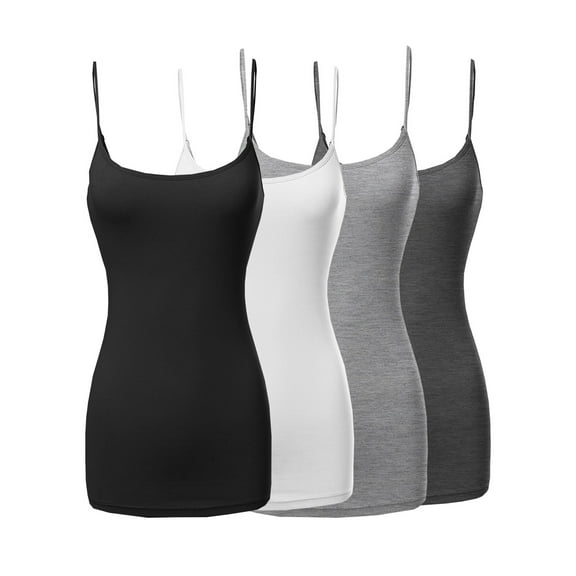 Active Basic Women & Plus Basic Solid Long Length Adjustable Spaghetti Strap Camisoles (4PK - Black/White/H. Grey/Charcoal, L)