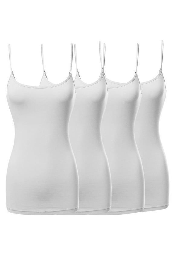 Women & Plus Basic Solid Long Length Adjustable Spaghetti Strap Camisoles (4PK - White/White/White/White, L)