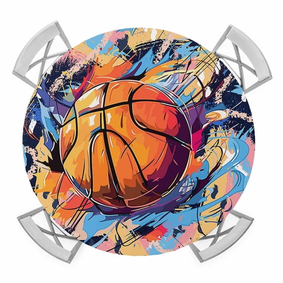 Active Basketball Elastic Fitted Round Table Cover Watercolor Sport Style Waterproof Outdoor Tablecloth for Holiday Party, Picnic, Patio & Dining Fits Tables Up to 45"-54"