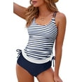 thumbnail image 1 of Active Blue Stripe Tankini with Floral Print Swim Shorts - Adjustable Drawstring Design - [ZhiHiMeRi] | (US 16-18)XL, 1 of 12