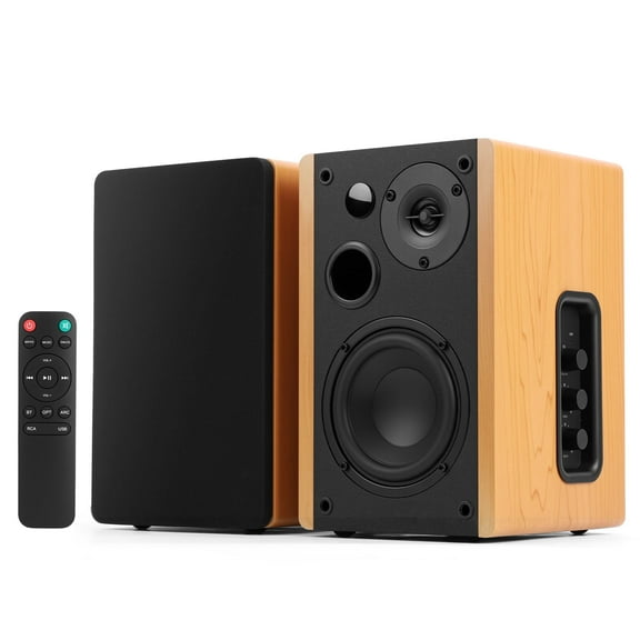 90W Active Bookshelf Speakers, Home Bluetooth 5.3 Wireless Speaker w/ 4" Woofer Computer Speakers, Bass & Treble Adjust Stereo Studio Monitor Speakers with USB/Optical/AUX Input for PC TV, Brown