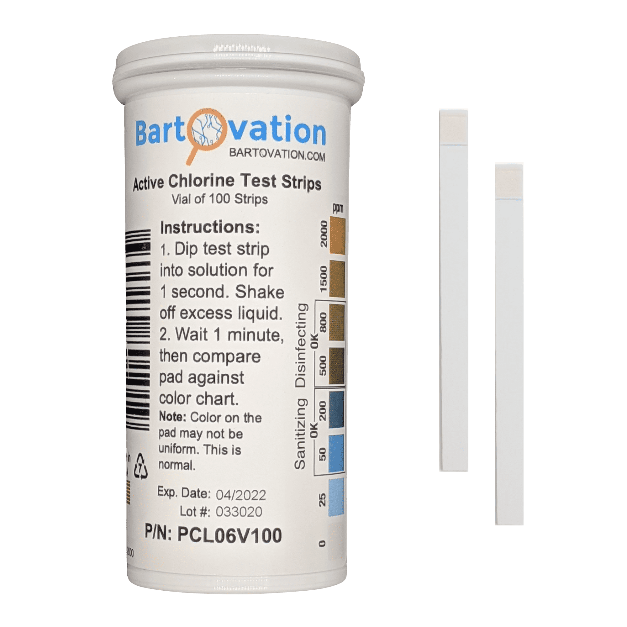 BARTOVATION Active Chlorine/Bleach Test Strips, 0-2000 ppm, [Vial of 100 Strips]