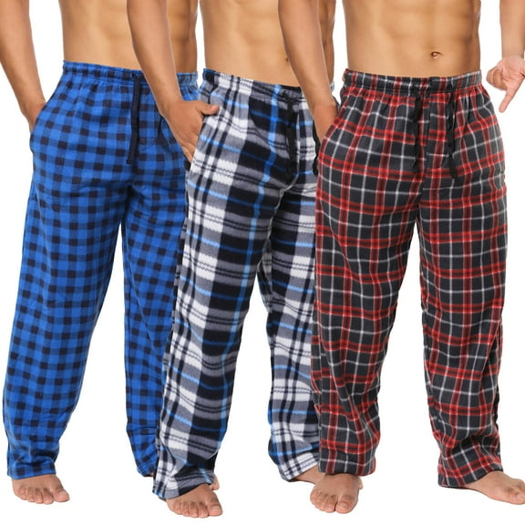Active Club 3 Pack Plaid Fleece Mens Pajama Pants - Fleece Lounge Pants with Pockets - Holiday Plaid PJ Bottoms (Medium)