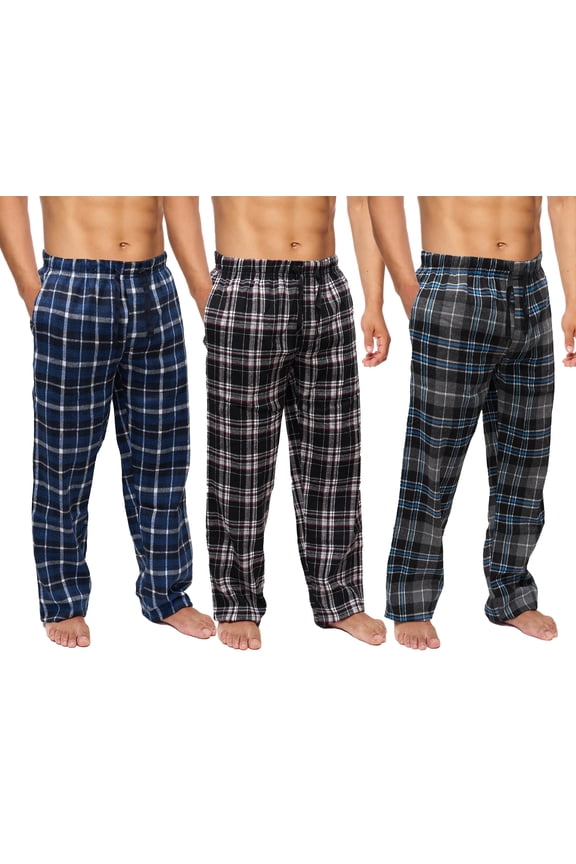 Men’s Flannel Pajama Pants 3 Pack– Soft Sleep & Lounge Pants with Pockets & Adjustable Drawstring – Plaid Lounge Bottoms (Black Red/Black Blue/Blue Plaid, Large)