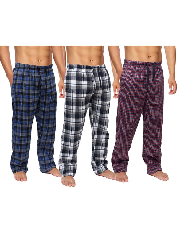 Men’s Flannel Pajama Pants 3 Pack– Soft Sleep & Lounge Pants with Pockets & Adjustable Drawstring – Plaid Lounge Bottoms (Red Blue/Blue Grey/White Black Plaid, Large)