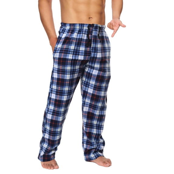 Active Club Men's Fleece Pajama Pants - Plaid Lounge Bottoms With Pockets - Sleepwear (Navy/Red, 2X)