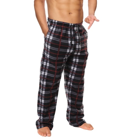 Active Club Men's Fleece Pajama Pants - Plaid PJ Pants - Lounge Pants With Pockets - Sleepwear (Black/White, Medium)