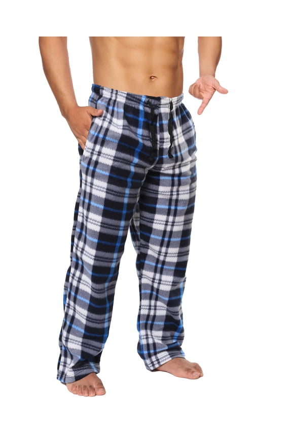 Men's Fleece Pajama Pants - Plaid PJ Pants with Pockets - Lounge Pants for Sleepwear (Black/Teal, Large)
