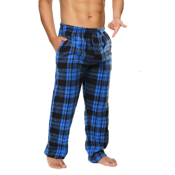 Active Club Men's Fleece Pajama Pants - Plaid PJs with Pockets - Lounge Pants for Sleepwear (Navy/Sky Blue, Large)