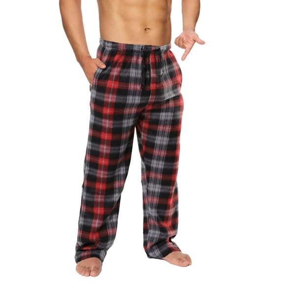 Active Club Men's Fleece Pajama Pants - Plaid Pajama Pants - Lounge Pants with Pockets - Men's Sleepwear (Red/Grey, Medium)