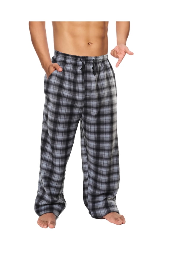Men's Sleep Pajama Pants - Fleece Lounge Pants (Grey & Black Plaid, X-Large)