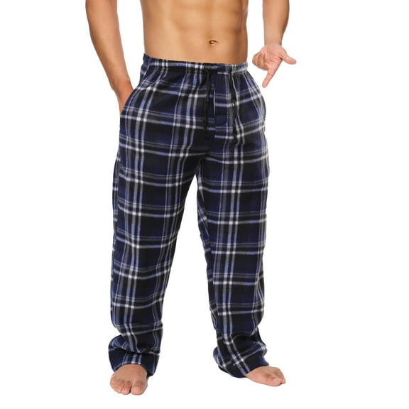 Active Club Mens Fleece Pajama Pants - Plaid Mens PJ Pants - Mens Lounge Pants with Pockets - Men's Sleepwear (Navy/White, X-Large)