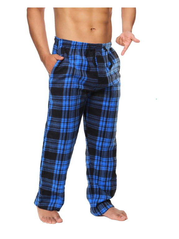 Mens Fleece Pajama Pants - Plaid PJ Pants - Lounge Pants with Pockets - Sleepwear (Navy/Sky Blue, X-Large)