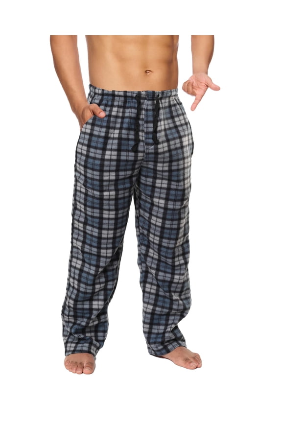 Mens Sleep Pajama Pants - Fleece Lounge Pajama Bottoms (Grey & Navy Plaid, Small)